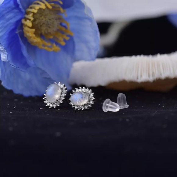 Natural Blue Flashy Moonstone Ear Studs Sterling Silver - Picture 1 of 5